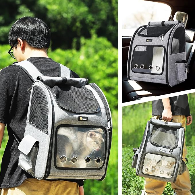 Hoopet Expandable Cat Backpack Carrier – Breathable Pet Carrier for Small Cats & Dogs, Foldable Travel Backpack with Mesh Ventilation for Hiking, Walking, Camping, Light Grey