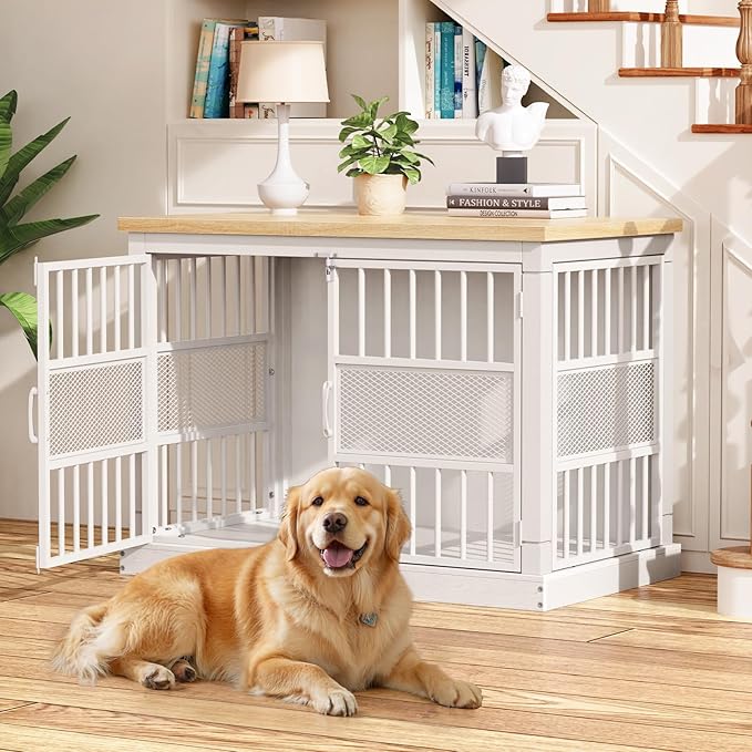 VOPEAK 46" Dog Crate Furniture, Chew Resistant Large Dog Crate for Medium Large Dogs, Heavy Duty XL Dog Crates Dog Kennel Cage Indoor with Double Doors, End Table for Bedroom Living Room, White