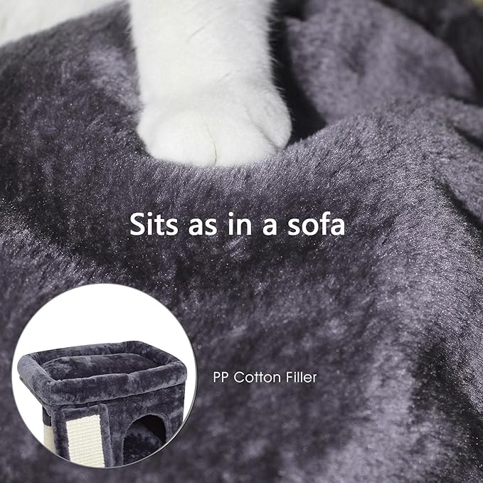 SYANDLVY Small Cat Tree for Indoor Cats Large Adult, Activity Tower with Scratching Post, Modern House with Padded Perch, Kittens Condo with Board, Cat Cave (Smoky Grey)