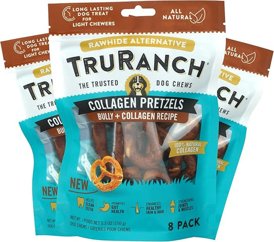 Collagen Pretzels, Bully - Collagen Dog Treats - Dog Pretzel Treats - Long Lasting Healthy Joint Support - Rawhide Alternative - Skin & Coat Health, Value Pack, 3 Bags, 24 Count
