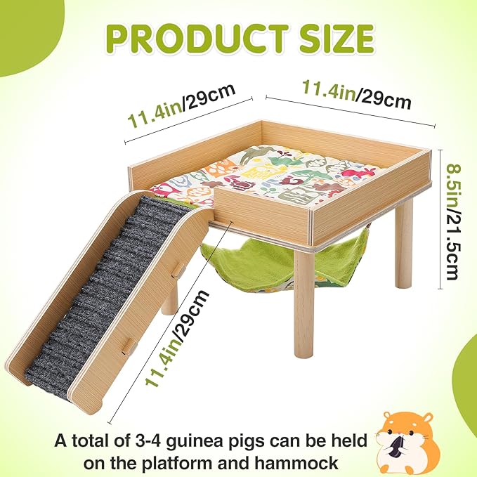 Guinea Pigs Hammock with Platform, Safe Wooden Guinea Pig Hideout with Stairs, Durable Small Pet Bed for Piggies Chinchilla Rat Hamster Bunny (Single Hammock)