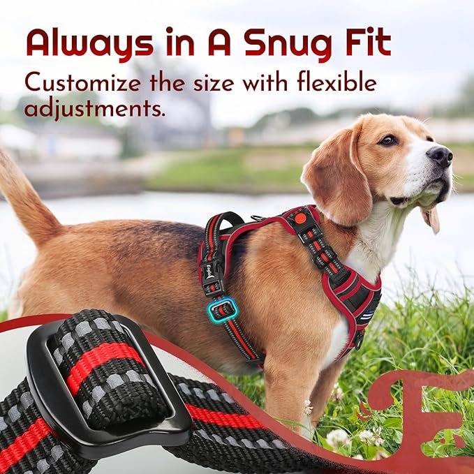 Eagloo Dog Harness Medium Sized, Easy Wearing with 3 Buckles, Adjustable No Pull Pet Harness with 2 Rings for Walking, No Chock Reflective Soft Padded Vest with Control Handle, Black & Red, M