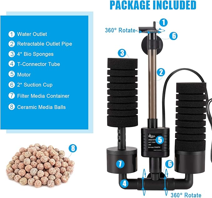 AQQA Aquarium Sponge Filter, Power Driven Double Biochemical Water Filter, Quiet Submersible Foam Filter with 2 Extra Sponges, 1 Bag of Filtered Ceramic Balls for Fresh and Salt Water Fish Tank (S)