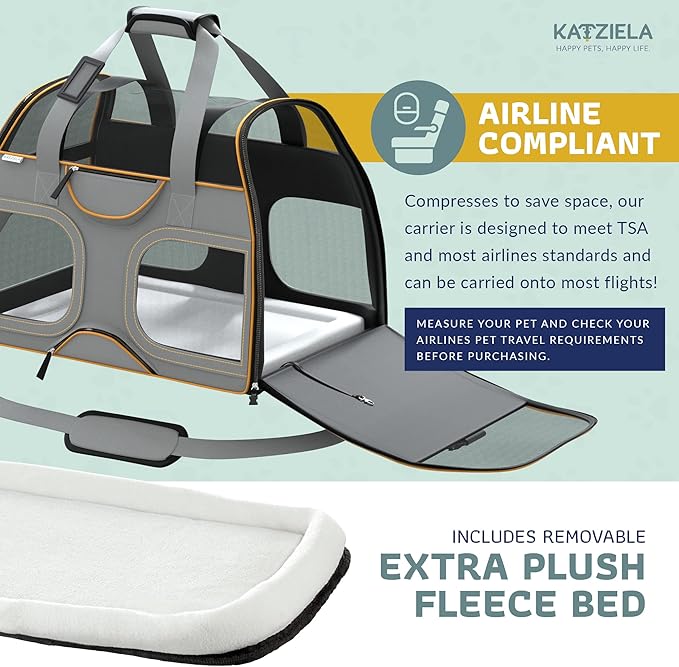 Katziela Rolling Pet Carrier - Airline Compliant with Removable Wheels - TSA Approved for Small Dogs and Cats - Soft FAA Travel Airplane Underseat Wheeled Luggage