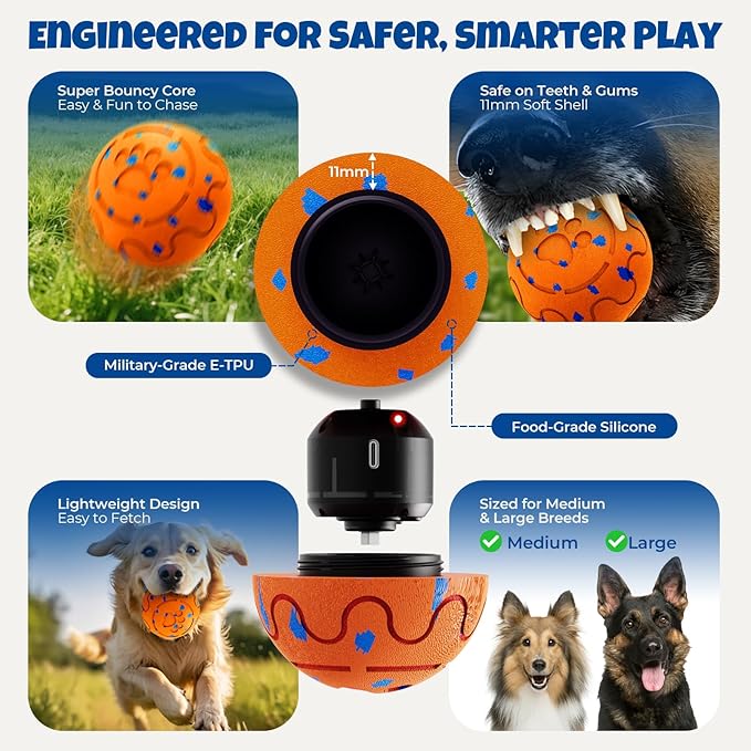 Dog Balls: Interactive Dog Ball Auto Rolling - Interactive Dog Toys for Aggressive Chewers - Bouncy & Throwable, Type-C Rechargeable, Washable, for Small & Medium & Large Dogs – Orange
