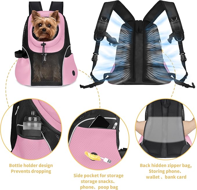 WOYYHO Pet Dog Carrier Backpack Small Dog Front Backpack Ventilated Mesh Dog Travel Back Pack with Safety Belt for Travel Hiking Cycling Outdoor Adventures (Size L: 10-14 lbs, Pink)