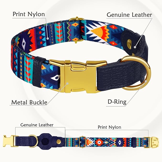 AirTag Dog Collar for Small Medium Large Breed - Adjustable Cute Pattern Dog Collar with Airtag Holder - Soft Leather Tracker GPS Apple Air Tag Pet Collars (X-Large, 20"-25" Neck Fit, Navajo)