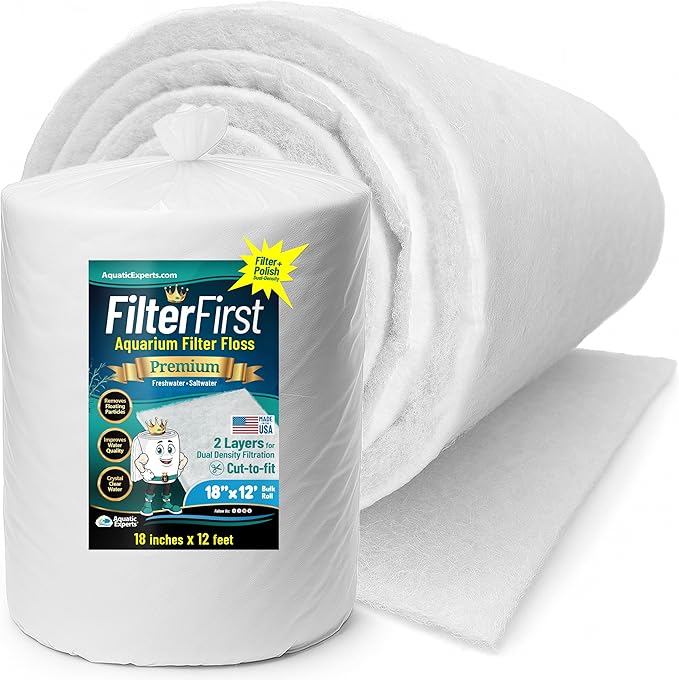 Aquatic Experts Aquarium Filter Floss for Fish Tank Filters - FilterFirst Aquarium Filter Pad - Media Roll for Crystal Clear Water, 3/4" - 1" Thick (18 Inch Wide, 12 Feet Long)