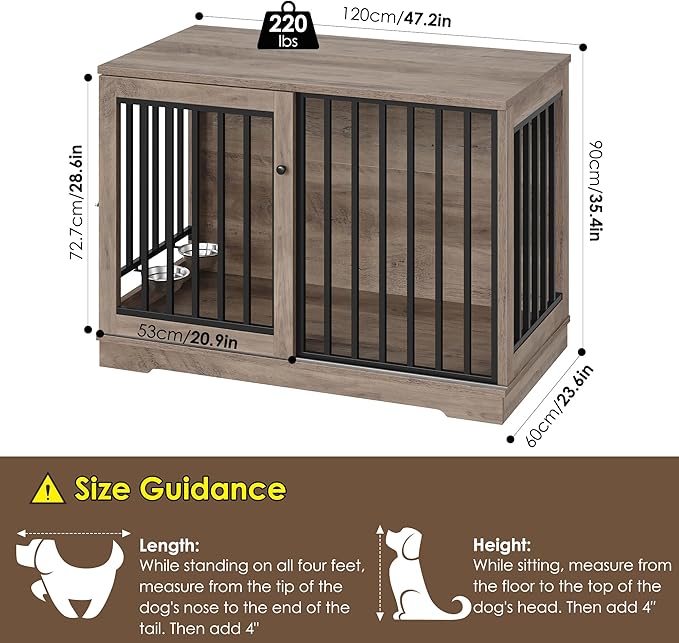 Dog Crate Furniture 47” Large Dog Kennel for Dogs Indoor, Heavy Duty Dog Cage with Sliding Door and 2 SUS Bowls Wooden End Table in Living Room for Small Medium Large Dogs, Rustic