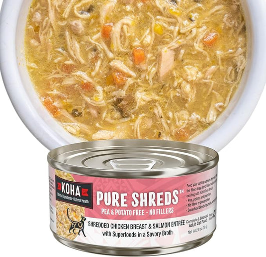 KOHA Pure Shreds Chicken and Salmon Entrée for Cats, High Protein Wet Cat Food, 2.8oz Cans (Pack of 24)