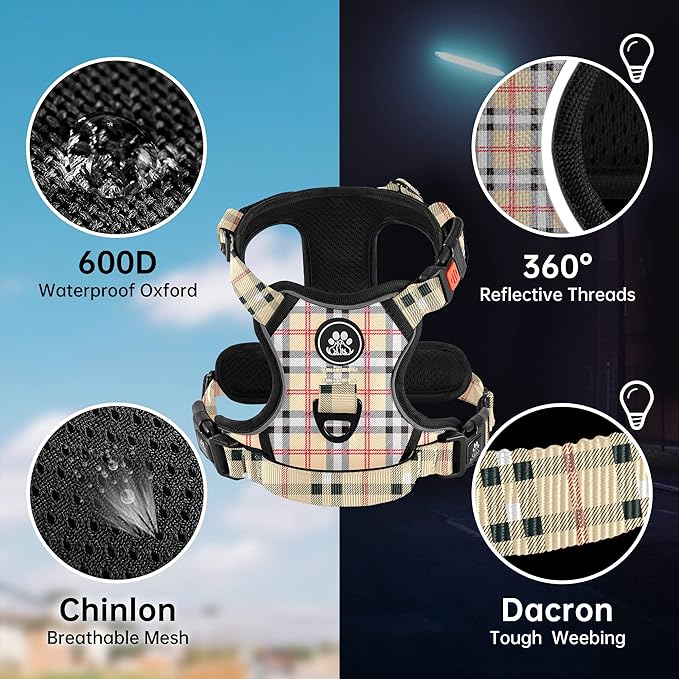 NESTROAD No Pull Dog Harness with Leash, Reflective No Choke Pet Vest Harness,Adjustable Soft Padded Dog Harness with Easy Control Handle for Large Dogs(Checkered Beige,X-Large)