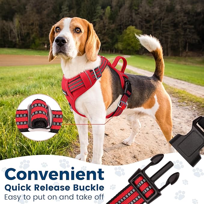 Funfox Dog Harness No Pull, Adjustable Pet Vest Harness, Super Soft Material with Vertical Handle Easy Control, Reflective Night Walking, 2 Leash Clips for Medium Sized Dogs, Red, M