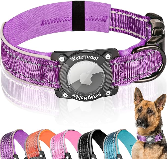 Upgraded AirTag Dog Collar, IP68 Waterproof Dog Collar with Apple Air Tag Holder, Reflective Adjustable Heavy Duty Dog Collars with Soft Padded for Small, Medium and Large Dogs,Purple, M