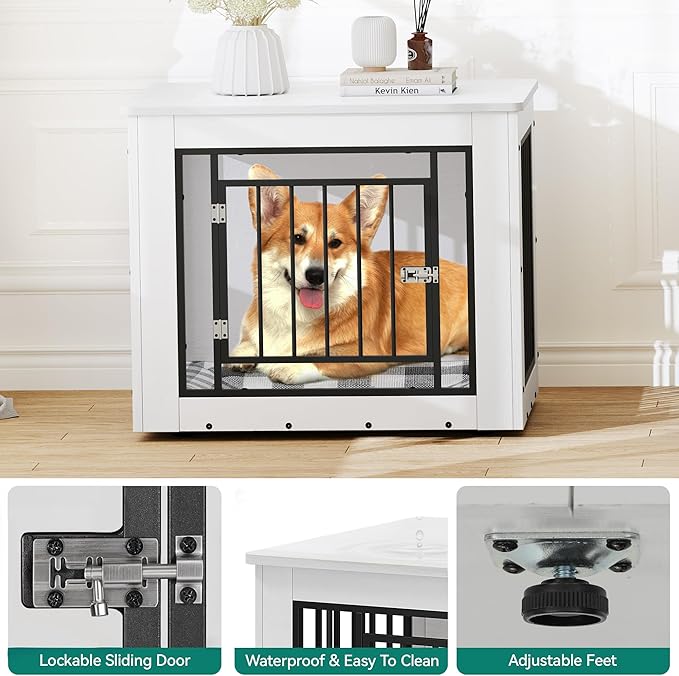 YITAHOME 30.1" L Dog Crate Furniture for Medium Dogs, 2-in-1 Iron-Wood Fusion Dog cage Indoor up to 35 lb, Side End Table, Modern Dogs Kennel with Waterproof Top, Safety Corners,Steel Lock,White