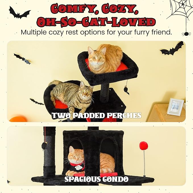 MWPO Gothic Large Cat Tree, 70.1-Inch Multi-Level Tall Cat Tower for Indoor Cats, Plush Cat Condo with Big Padded Perches, Sisal-Covered Scratching Posts, Hammock, Toys for Kittens & Cats, Black