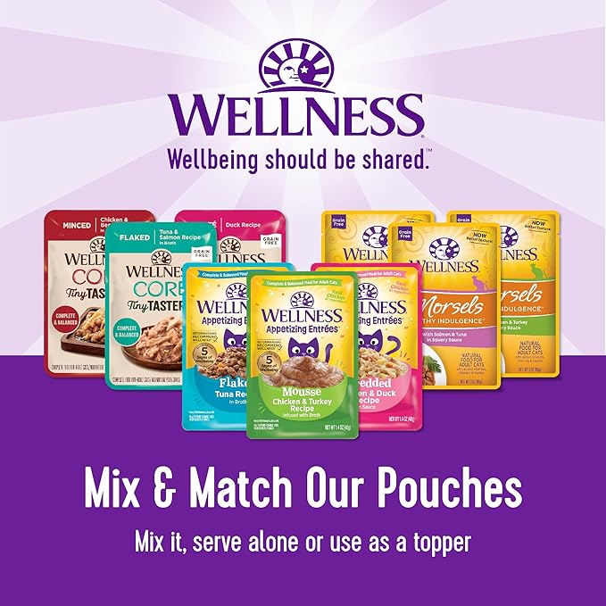 Wellness Healthly Indulgence Shreds Adult Wet Cat Food, Natural, Protein-Rich, Grain Free, 3 Ounce Pouch, 24 Pack, (Tuna & Shrimp)