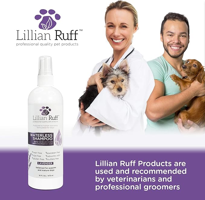 Lillian Ruff Waterless No-Rinse Dog Dry Shampoo Spray with Hydrating Essential Oils - pH-Balanced Dry Shampoo for Dogs - Clean, Condition, Detangle & Deodorize Dry, Sensitive Skin (Lavender)