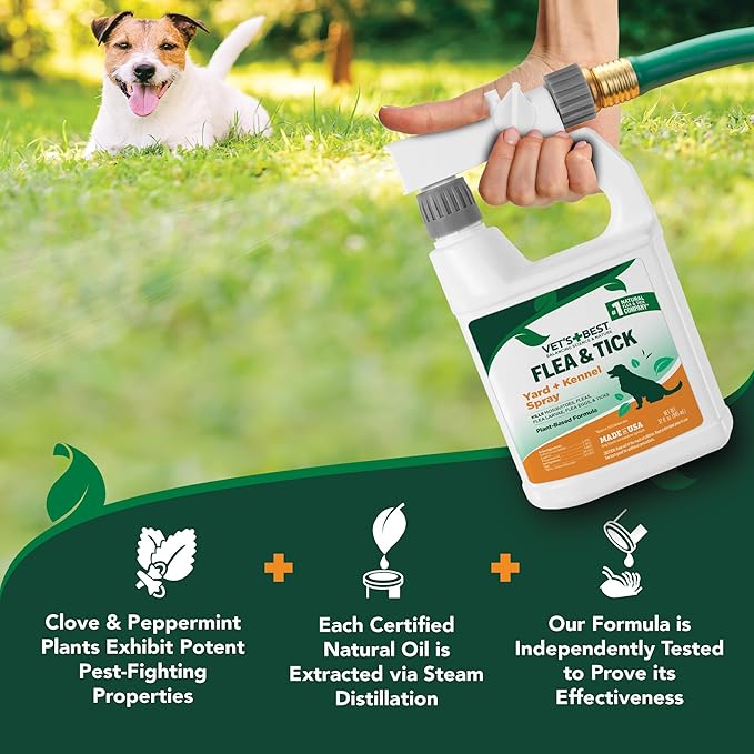 Vet's Best Flea and Tick Yard & Kennel Spray, Dog Flea Spray that Kills Fleas, Mosquitoes, & Ticks, Plant-Based Ingredients, Plant Safe Ready-to-Use Hose Attachment, 32 fl oz