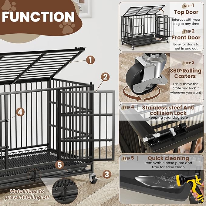 LEVELEVE 54 Inch Heavy Duty Indestructible Dog Crates for Large Dogs，Escape Proof Dog Cage Large Dogs with Lockable Wheels，Dog Kennel Furniture Indoor&Outside