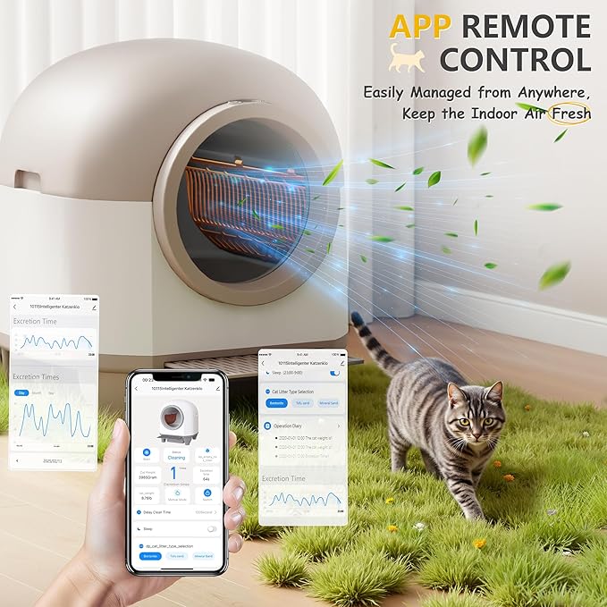 WARCAT Self Cleaning Litter Box Automatic, 90 L Automatic Cat Litter Box for Multiple Cats APP-Controlled with Smart Sensors, Safety Protection,Mat,1 Roll Garbage Bag (Brown)