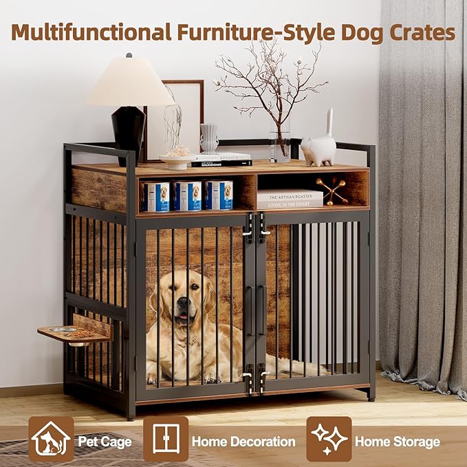 Furniture Style Dog Crate with Storage, 48 Inch Dog Crate Furniture with Double Doors, 2 Stainless Steel Bowls, Dog Crate Furniture-Style Crate for Large/Medium Dog