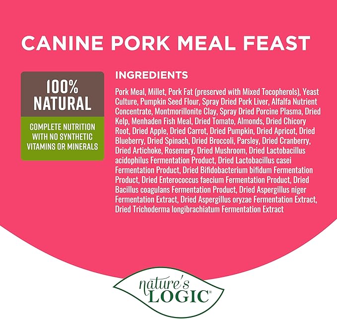 NATURE'S LOGIC Dry Dog Food - 100% Natural - No Synthetics - for All Ages, Sizes, Breeds - Free from Common Allergens, High Protein - Pork Meal Feast, 25lbs