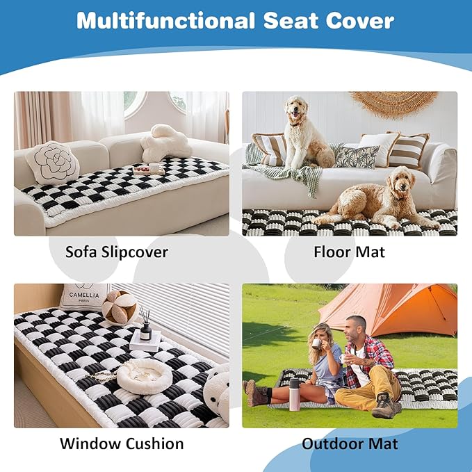 VClife Car Back Seat Cover for Dog, Non Slip Pet Bed Mat Washable Backseat Extender Cushion, Furry Dog Cat Travel Blanket Bed Modern White Black Plaid Bed, 59"×27.6"