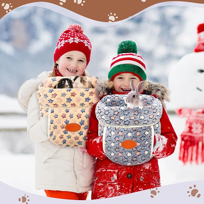 Wenqik 2 Pcs Guinea Pig Bed Cuddle Warm Hideout Small Animal Sack Cozy House Bedding Sleeping Cushion Portable Pet Carrier Cage Nest for Rabbit Hamster Rat (Blue, Khaki,Star)