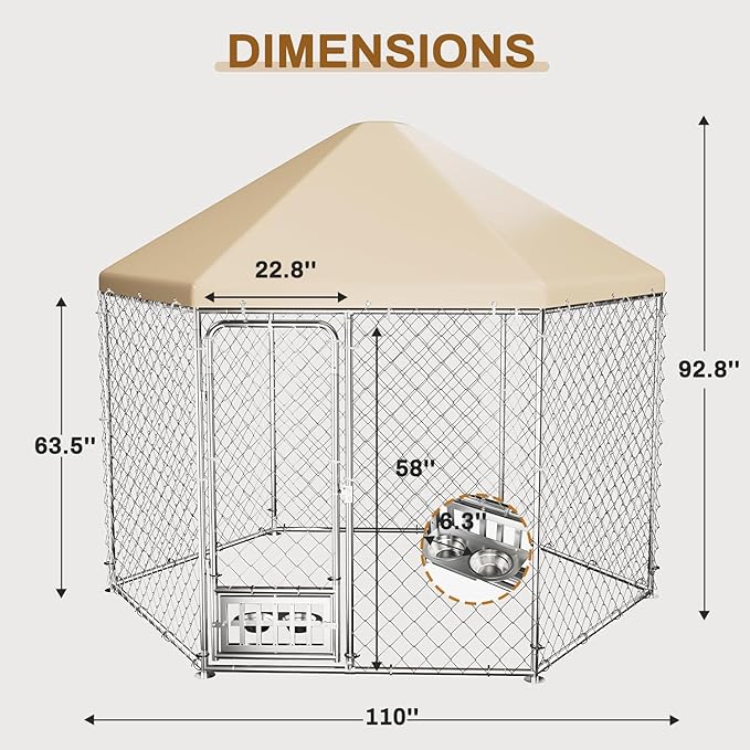 Outdoor Dog Kennel with Cover, Large Dog Run Fence House Big Cage Pen Enclosure, Heavy Duty Dogs Play Cage Pen Kennel (110" L x 95" W x 92.8" H)