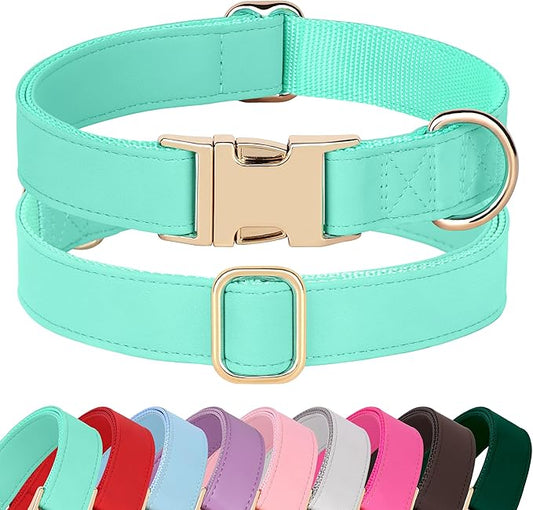 PET ARTIST Soft PU Leather Dog Collar, Bright Color & Durable Dog Collar Leather with Rose Gold Quick Release Metal Buckle, Adjustable Nylon Padded Pet Collars for Small Dogs, Neck Fit 9-14"