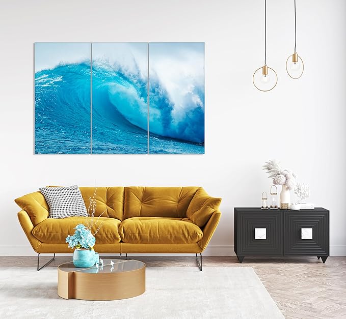 Nature Wall Art Prints - Ocean Forest Mountain Lake Canvas Landscapes - Small to Extra Large Living Room Bedroom Kitchen Bathroom Décor (Blue Ocean Wave, 47L" x 71W" - 3 panels)