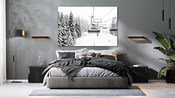Nature Wall Art Prints - Ocean Forest Mountain Lake Canvas Landscapes - Small to Extra Large Living Room Bedroom Kitchen Bathroom Décor (Ski Lift on Snowy Mountain, 28L" x 41W")