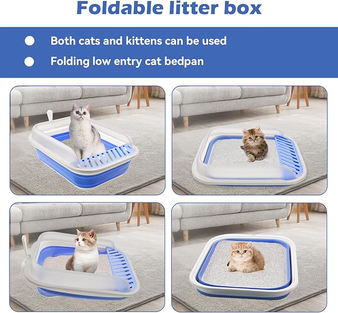 High Sided Cat Litter Box, Anti-Splashing Low Entry Cats Litter Pan with Scoop Collapsible Foldable Shallow Kitten Potty Toilet Waterproof Cat Travel Litterbox Semi-Enclosed Easy Clean(Blue)