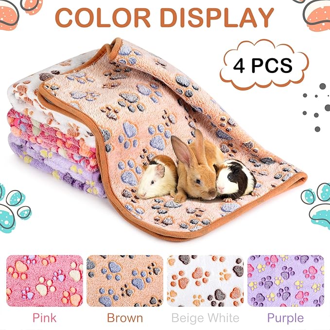 Reginary 4 Pcs Waterproof Guinea Pig Blankets Washable Small Animal Fleece Bedding Absorbent Guinea Pig Cage Liners Reusable Pet Pee Pad Sleep Mat for Hamster Ferret(Paw Print,35 x 24 Inch)