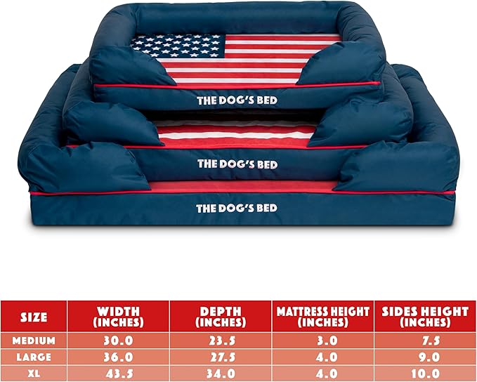 The Dog’s Bed, Large Blue Oxford with Red Trim USA Flag Dog Bed with Central Flag 36x27 Memory Foam, Pain Relief: Arthritis, Post Surgery,Waterproof Washable Cover, Veterinary Approved