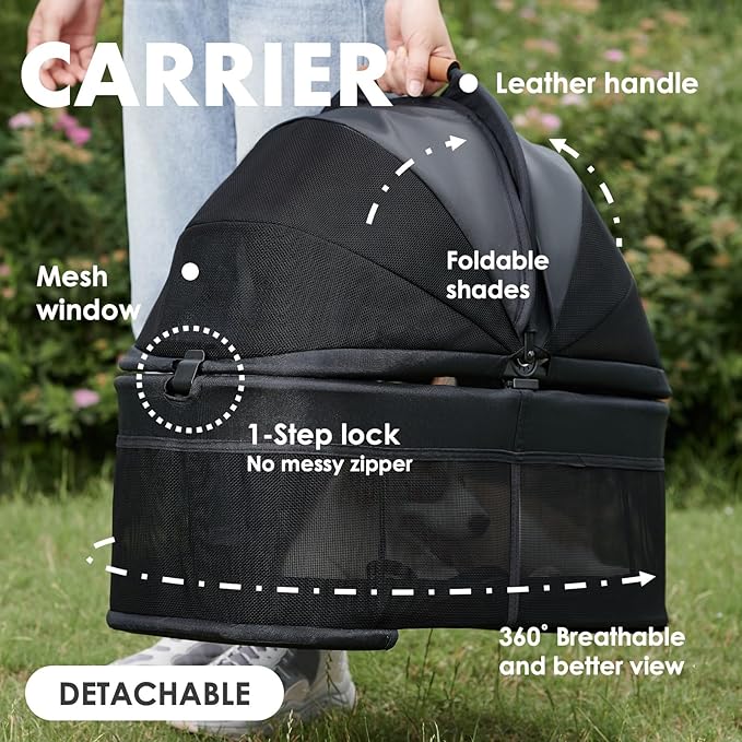 3 in 1 Pet Stroller with Removable Carrier, Folding Stroller for Small/Medium Dogs and Cats, Waterproof, All-Terrain, with Sun Shades, Car Seat