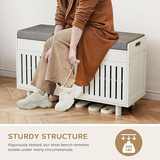 Storage Bench, Bamboo Shoe Bench with Padded Seat Cushion & 2 Doors, 2-Tier Entryway Bench with Lift Top Hidden Storage, 35.4" W x 12.6" D x 19.7" H, Shoe Rack Cabinet for Entryway, Living Room, White