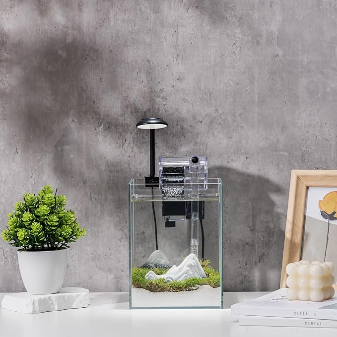 Nano Aquarium Kit,1.5 Gallon Rimless Small Glass Tank with Filter, Aquarium Light, and Aquascaping Decorations, for Home and Office (Transparent Tank - Mountain, Small)