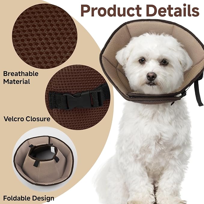 Dog Cone Collar S, Soft Cones for Large Medium Small Dogs,Adjustable Dog Cone Alternative to Stop Licking, Comfy Elizabethan Collar for After Surgery Wound Healing & Hot Spots Brown