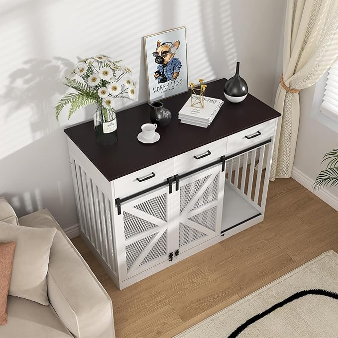48'' Dog Crate Furniture with Divider&Storage Drawers, Wooden Double Dog Kennel Furniture End Table with Sliding Barn Doors, White Double Dog Crate TV Stand