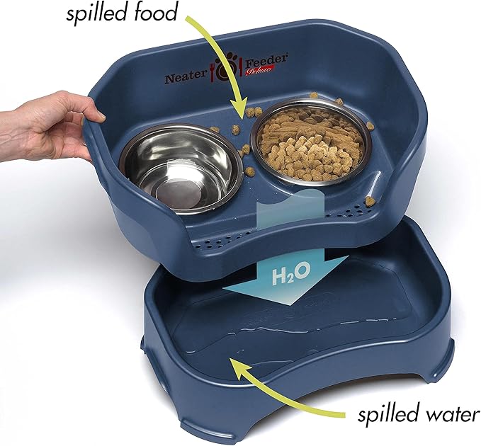 Neater Pet Brands Neater Feeder Deluxe Mess Proof Dog Bowls Elevated for Medium Dogs 19-40 lbs, Made in USA, No Spill Raised Dog Food Bowl Stand Feeding Station, Food and Water Bowl Set, Dark Blue