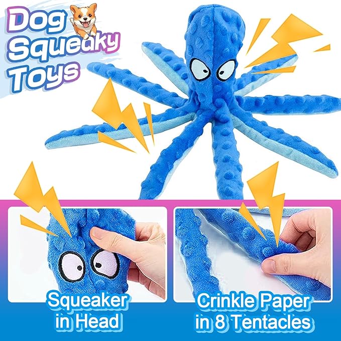 Alphatool Squeaky Dog Toys - 2pcs Soft Plush Chew Crinkle Puppy Toys to Keep Them Busy, Octopus No Stuffing Interactive Essentials for Teething Small Medium Pets Dogs Gifts