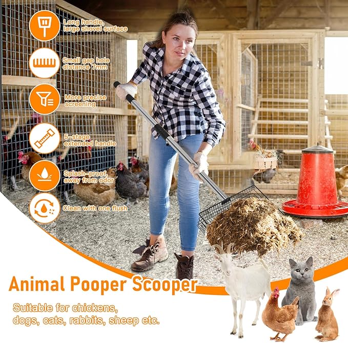 Chicken Coop Pooper Scooper, 36" to 67" Stainless Steel Long Handle Cat Litter Scoop, 5 Segment Extendable Dog Poop Scooper Long Handle, Pet Pooper Scooper for Chicken Dog Cat Manure Rabbit Manure