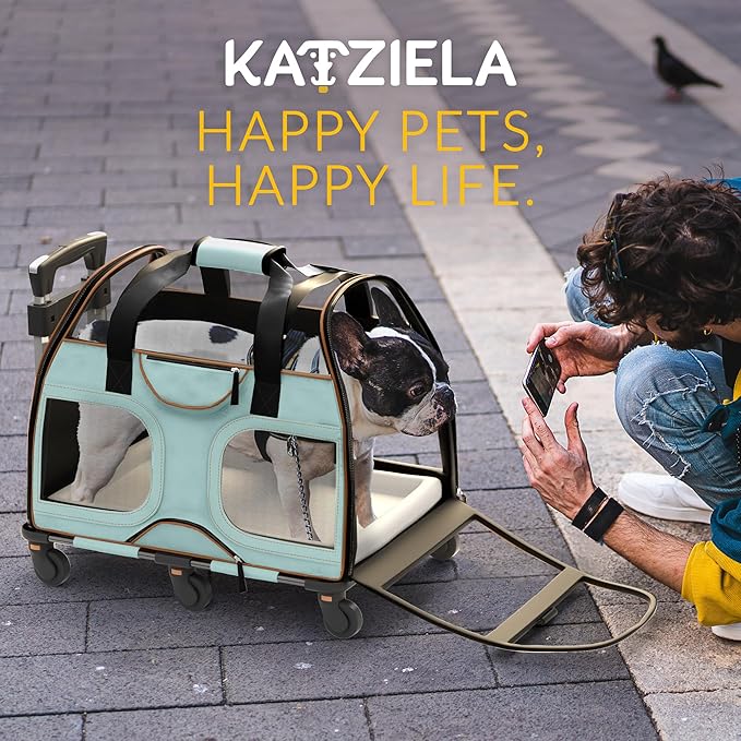 Katziela Pet Carrier - Airline Compliant Dog Carrier - TSA Approved Pet Carrier for Small Dogs and Cats - Soft FAA Travel Airplane Dog Carrier Luggage (Blue/Brown-6 Wheels)
