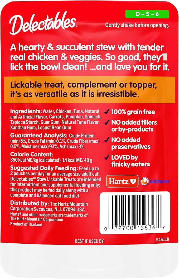 Hartz Delectables Stew Lickable Wet Cat Treats for Adult & Senior Cats, Chicken & Veggies, 1.4 Ounce (Pack of 12) (Packaging may vary)