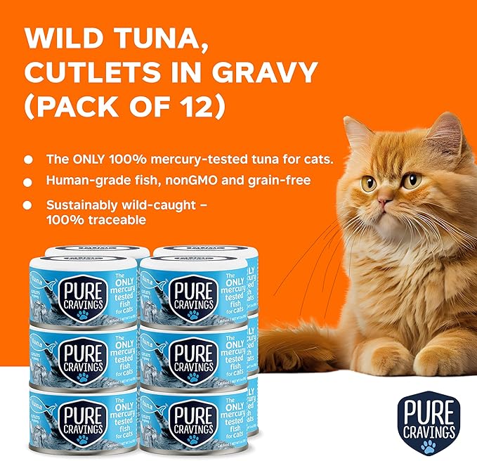 Wet Cat Food Canned Tuna Cutlets in Gravy, 100% Mercury-Tested, Moist Can Fish for Cats, Grain-Free, Protein, Non-GMO, Pack of 12