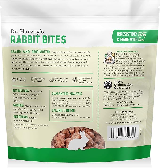 Dr. Harvey's Rabbit Bites Freeze-Dried Raw Dog Treats - Single Ingredient, All-Natural Rabbit Meat Protein for Dogs, Allergen-Free - 7 Ounces (3 Pack)