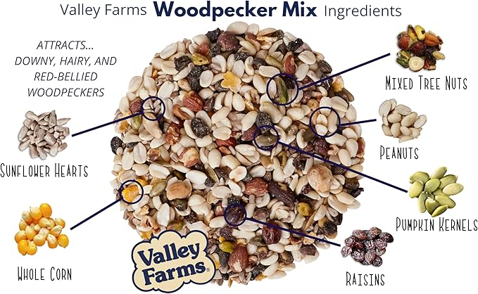 Valley Farms Woodpecker Mix (15 LB) Wild Bird Food for Outdoor Feeders, No Mess Bird Seed, W/Peanuts and Sunflower Hearts for Birds, Woodpecker Food, Attract All Bird Species