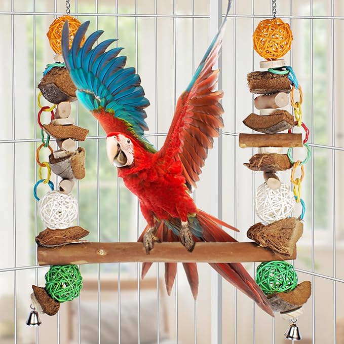 3-in-1 Parrot Toys Natural Coconut Fiber Parrot Hammock (Swing + Perch + Chew Toy) Natural Bird Perches for Medium Large Birds - 23" Bird Toys for Parrots Stand
