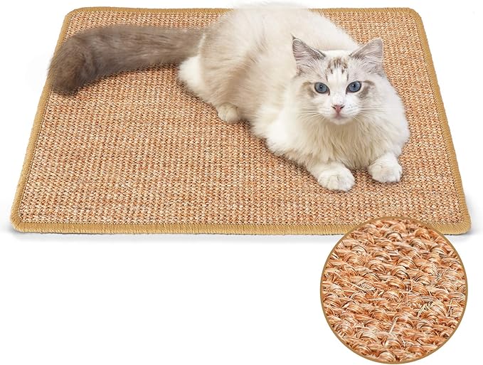 FUKUMARU Cat Scratcher Mat, 23.6 X 15.7 Inch Natural Sisal Cat Scratch Mats, Horizontal Cat Floor Scratching Pad Rug with Sticky Tapes, Protect Couch and Carpets